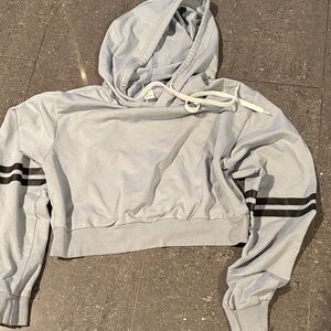 Blue-Grey Cropped Hoodie with Black Stripes